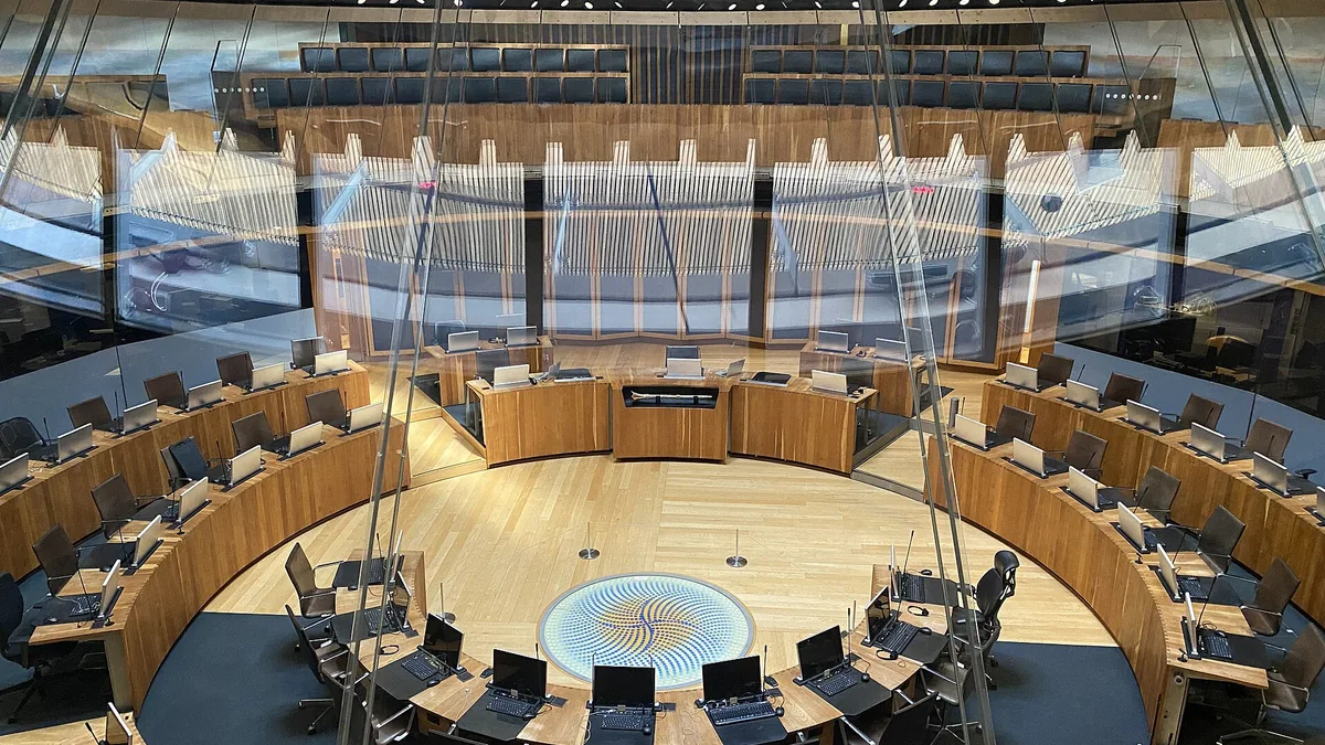 The Senedd chamber in Cardiff. Photograph by Alan Hughes, CC BY-SA 2.0.