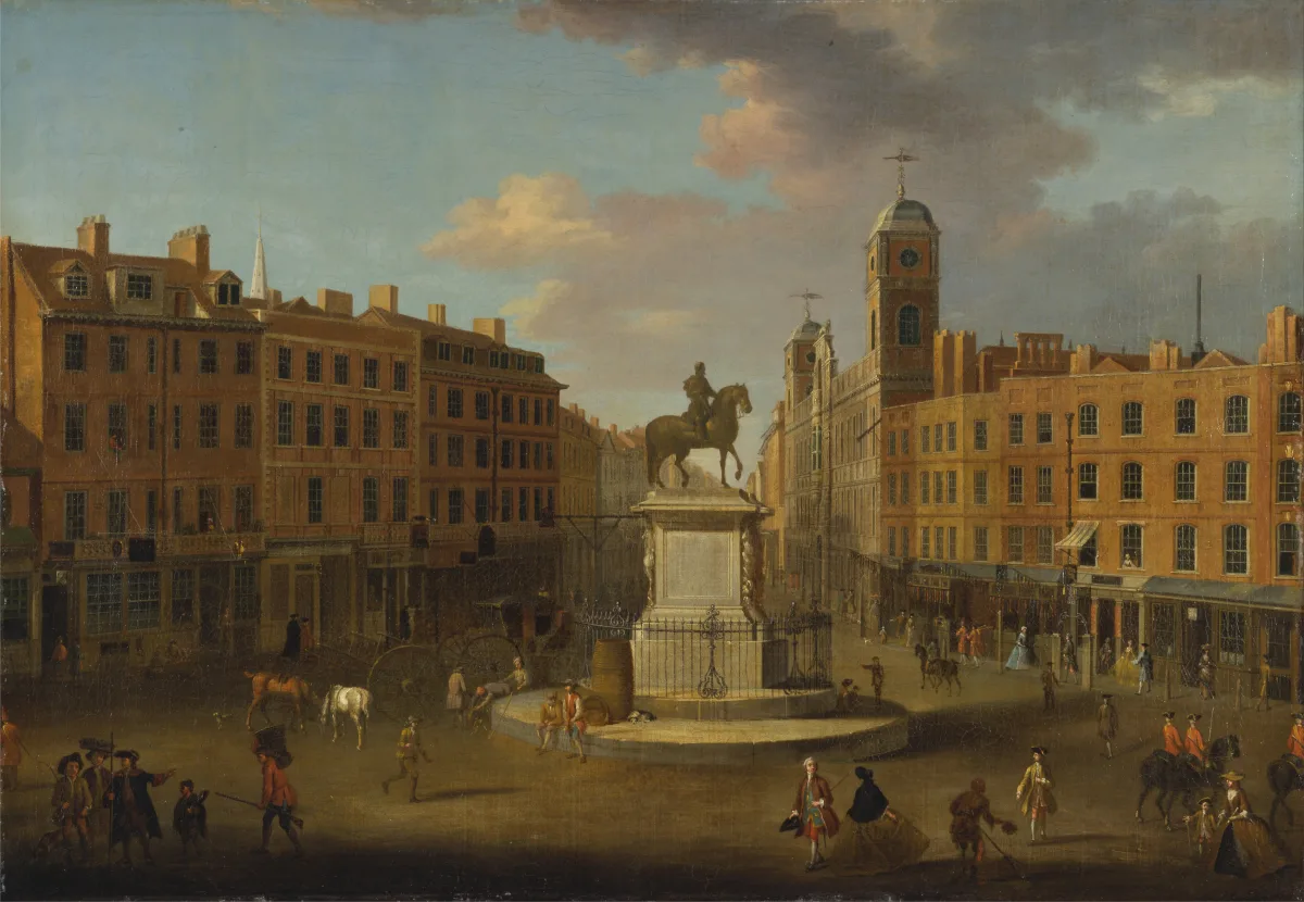 Charing Cross around 1750, with the King Charles I statue and horse-drawn coaches Charing Cross around 1750, with the King Charles I statue and horse-drawn coaches