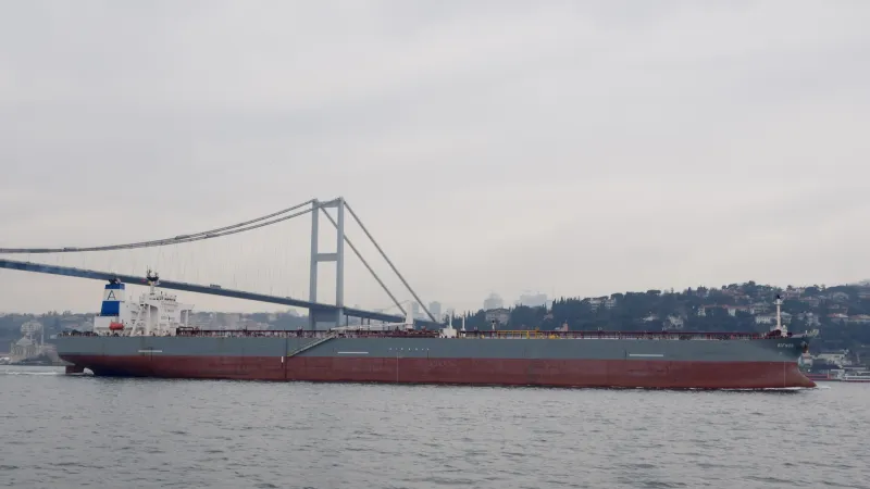 Crude oil tanker passing under a bridge on the Bosphorus